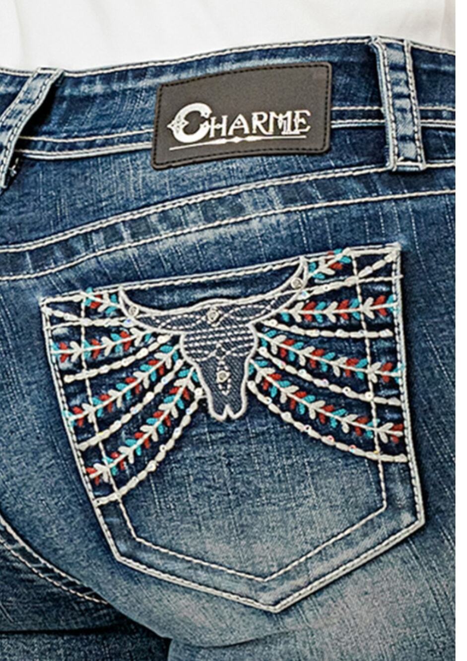 Charme by Grace in LA Steer Head Rhinestones Embellished Bootcut Stretch Jeans